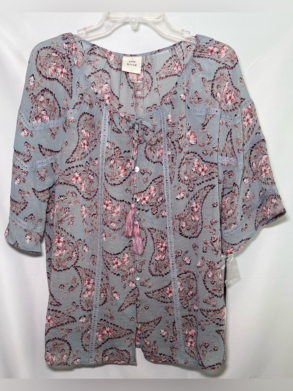 Knox Rose Dusty Blue Floral Paisley Boho Blouse